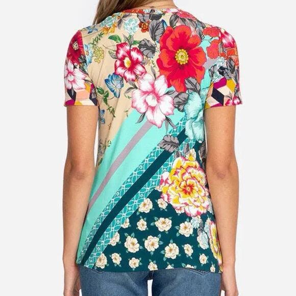 Johnny Was XS Nellie Patchwork Multicolor Short Sleeve Favorite T-Shirt Top - Picture 2 of 6